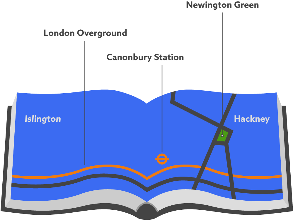 Illustrated map of Newington Green area in London